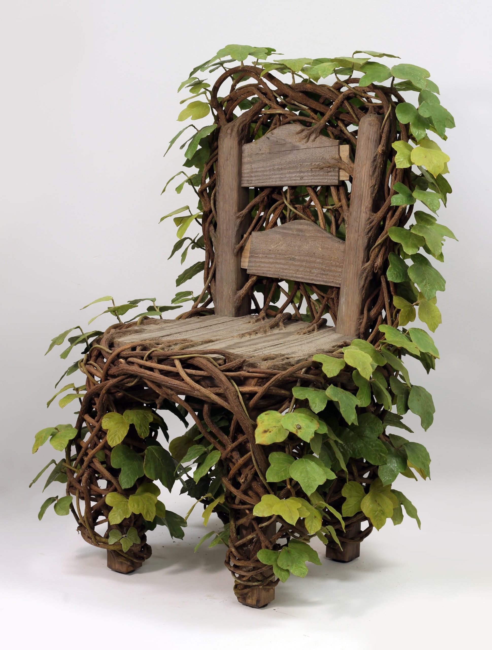 a detail image of a wooden chair with kudzu leaves and roots covering the back and legs by Joyce Lin