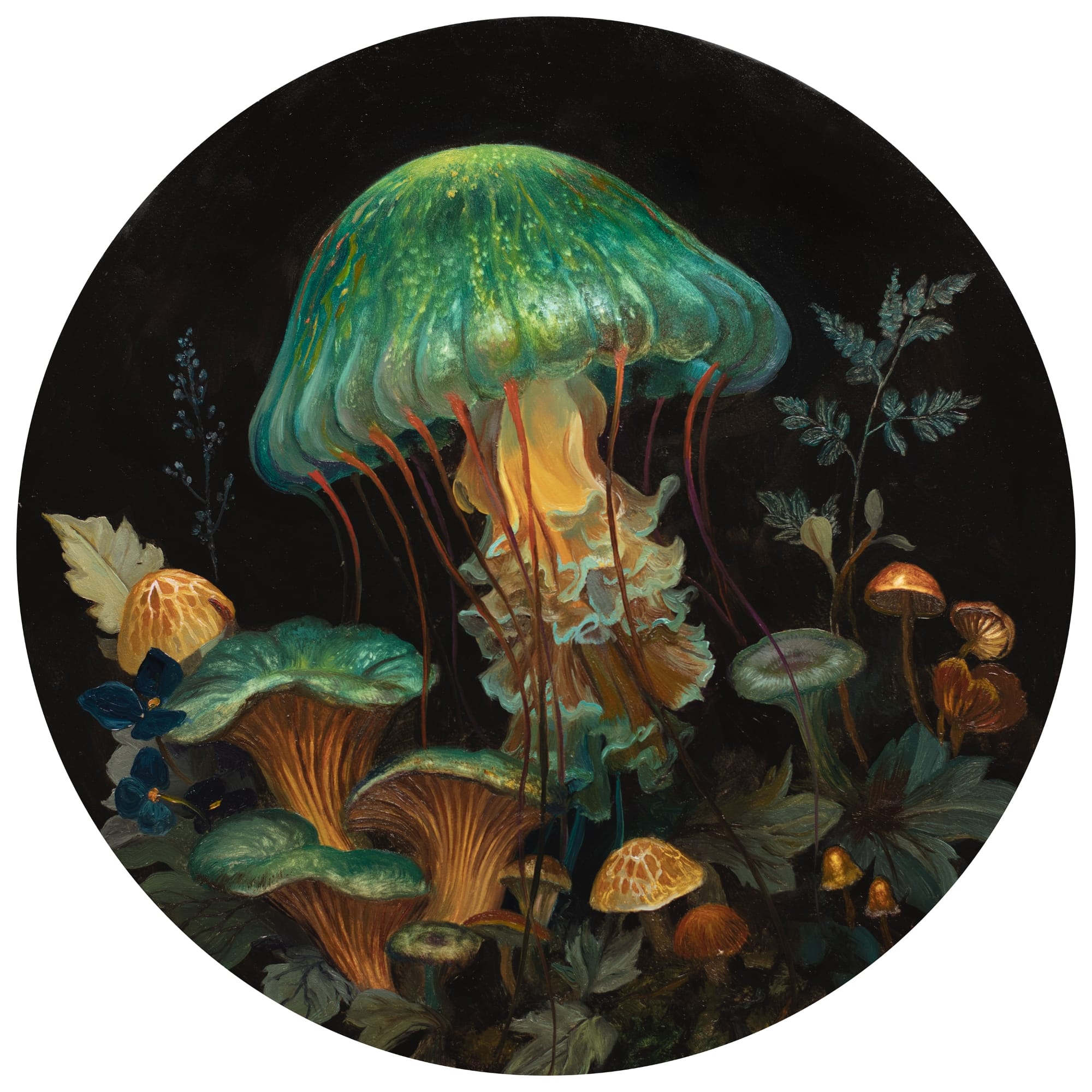 a round painting of a green jellyfish by Martin Wittfooth