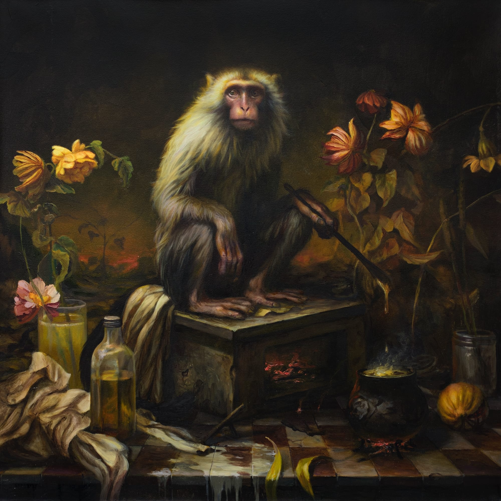 a painting of a monkey sitting on a box, stiring a pot, with flowers by Martin Wittfooth