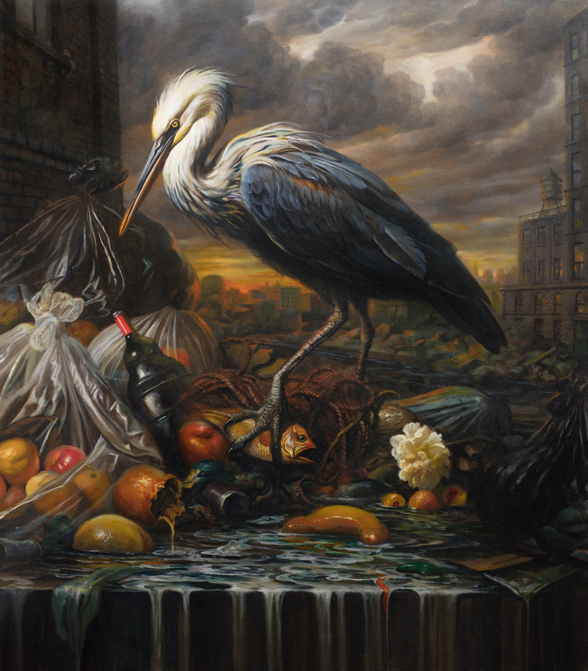a stork with produce, bags, and dripping water by Martin Wittfooth