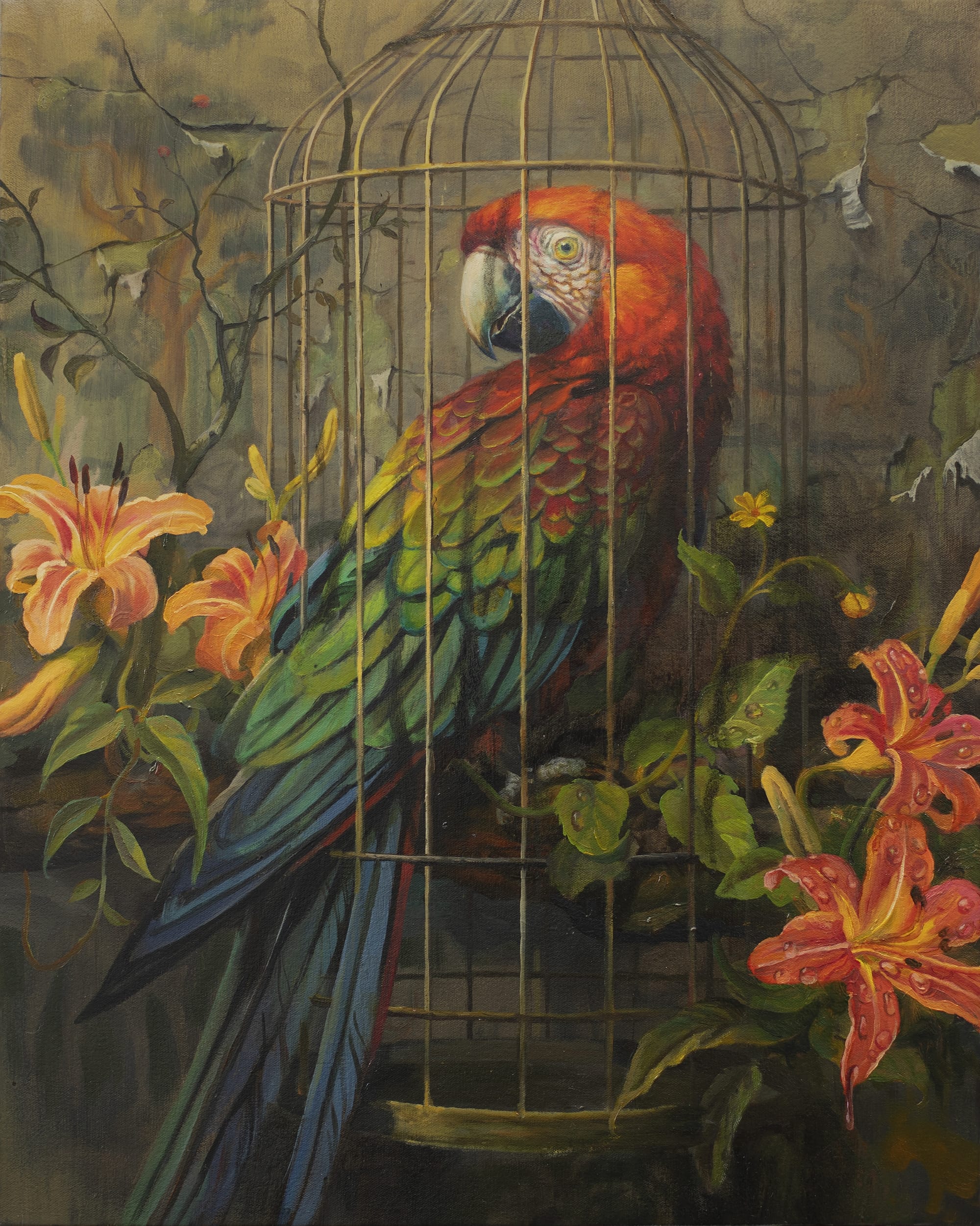 a painting of a vibrant bird in a cage by Martin Wittfooth