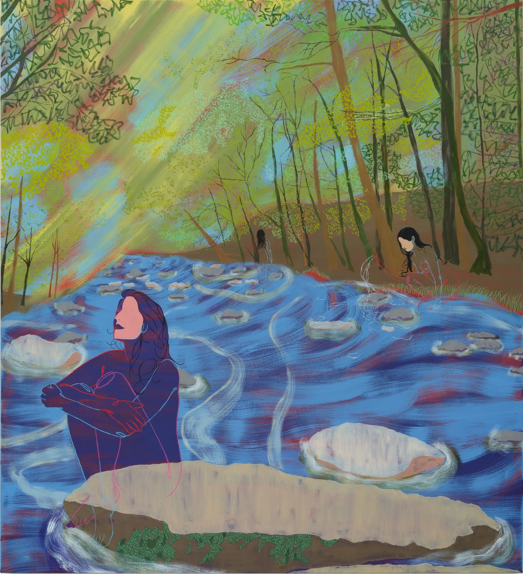 A detail of a large, horizontal figurative painting of a group of faceless female figures seated near a stream