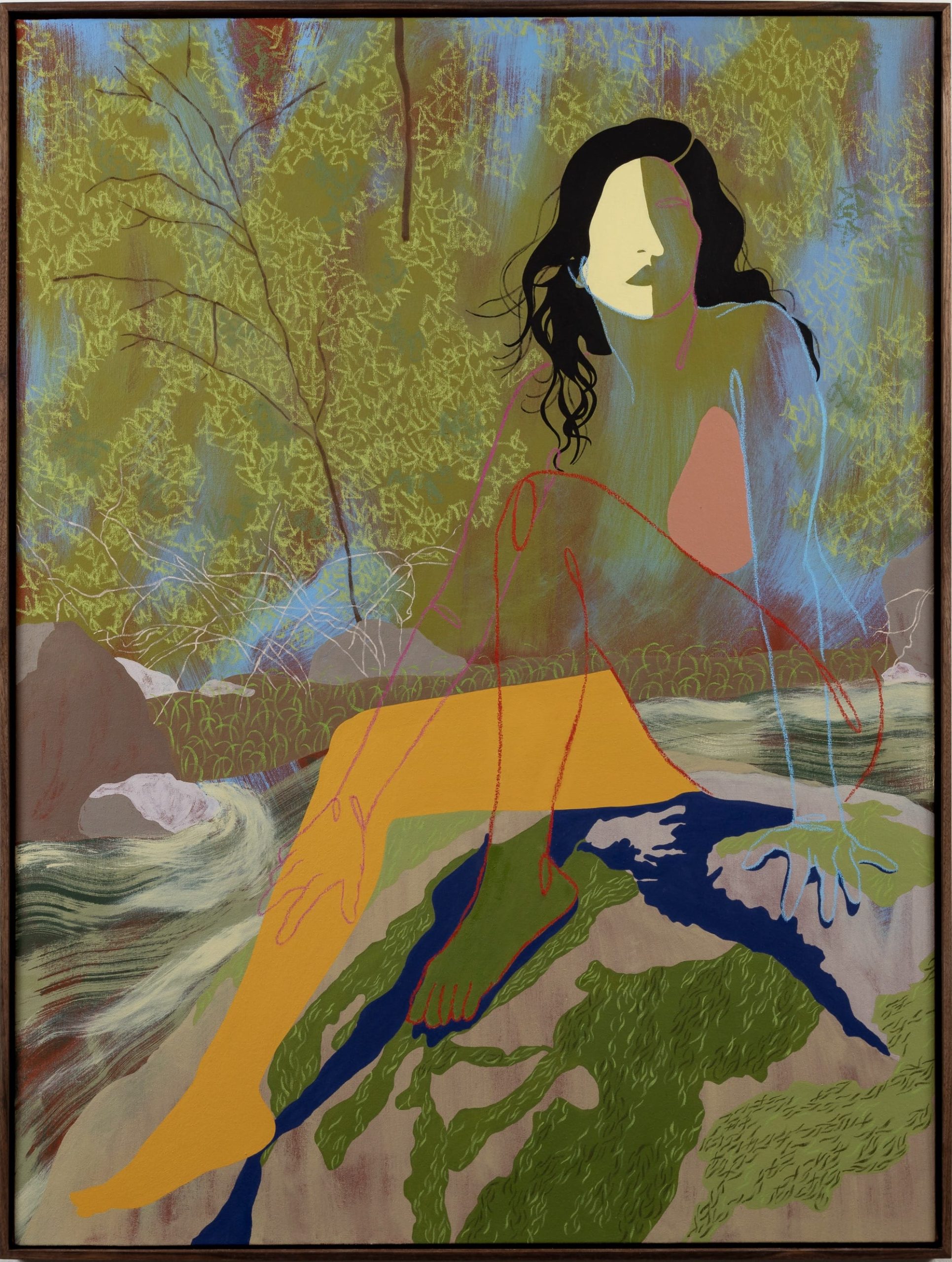 A figurative painting of a faceless female figure seated in a woodland