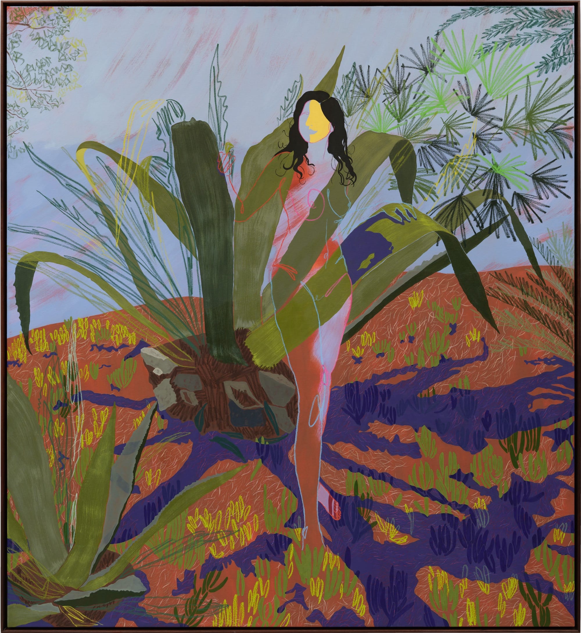 A figurative painting of a faceless female figure amid tropical plants