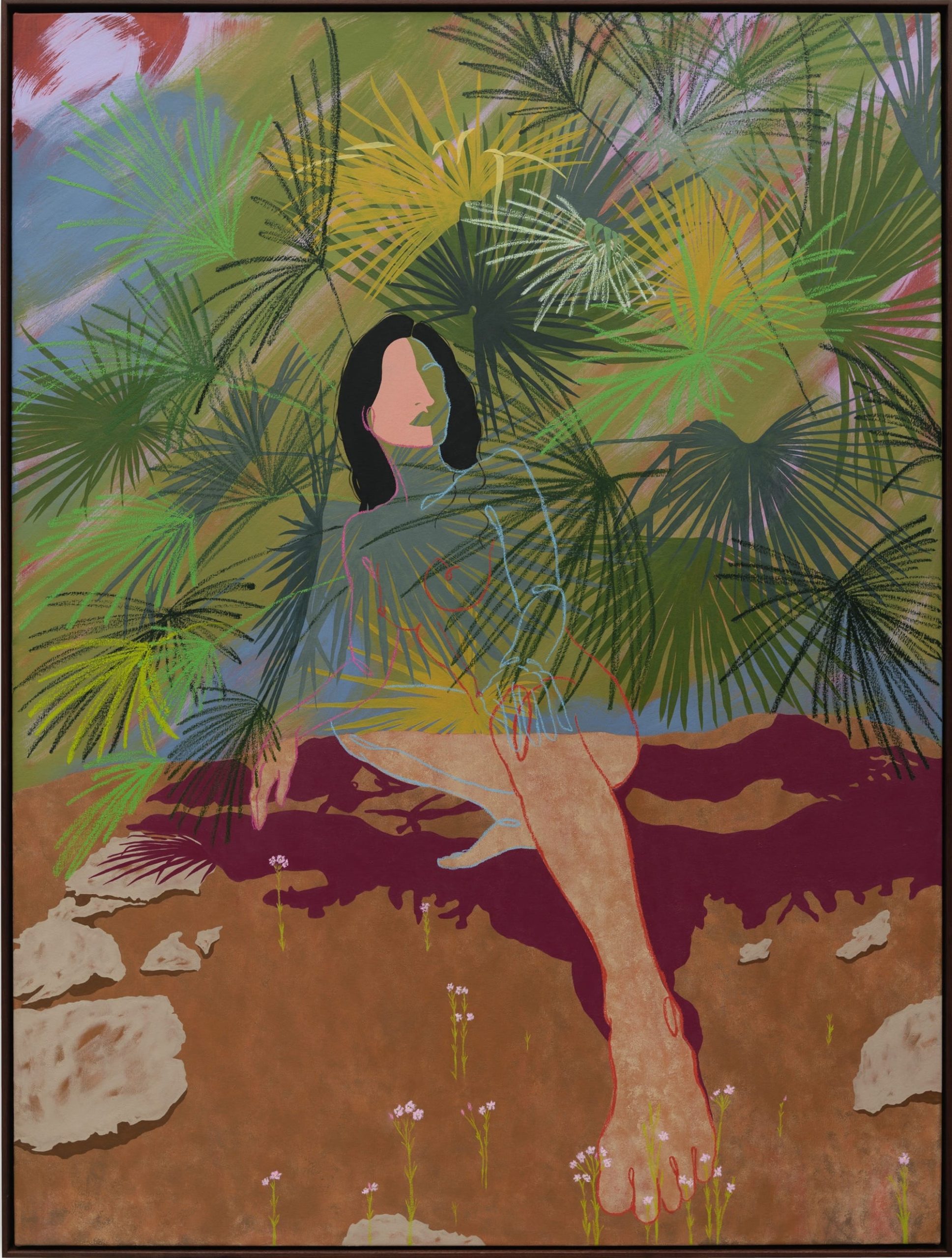A figurative painting of a faceless female figure lounging amid tropical plants