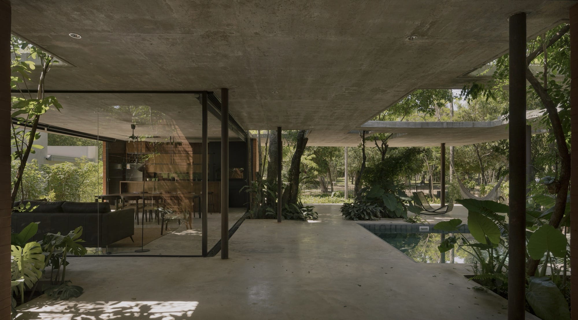 The interior of a contemporary concrete, glass, and steel home amid trees and tropical plants