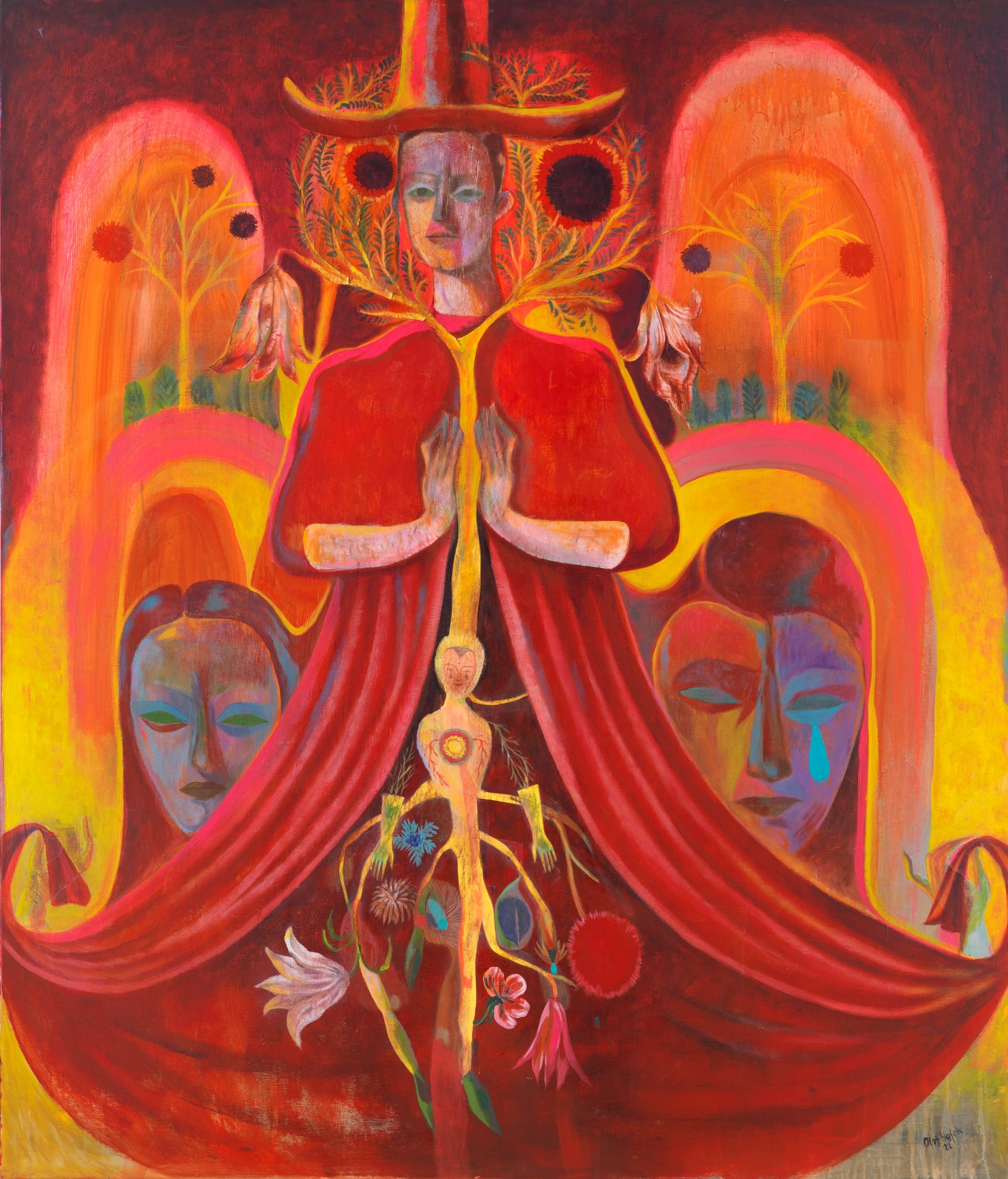 a surreal symmetric illustration by Olaf Hajek featuring a central figure in a long red gown, with two figures and a tree scene flanking the sides