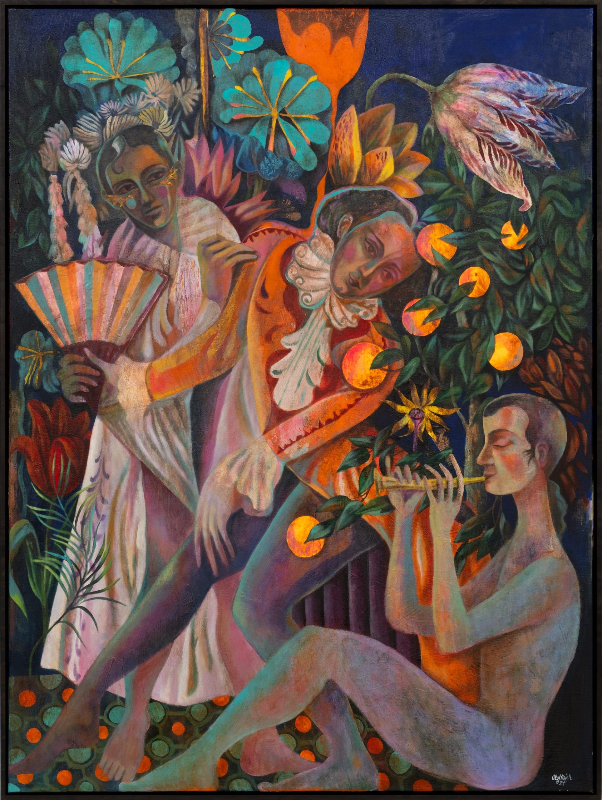 a surreal illustration by Olaf Hajek featuring three figures, one with a fan hand and another playing an instrument, surrounded by foliage