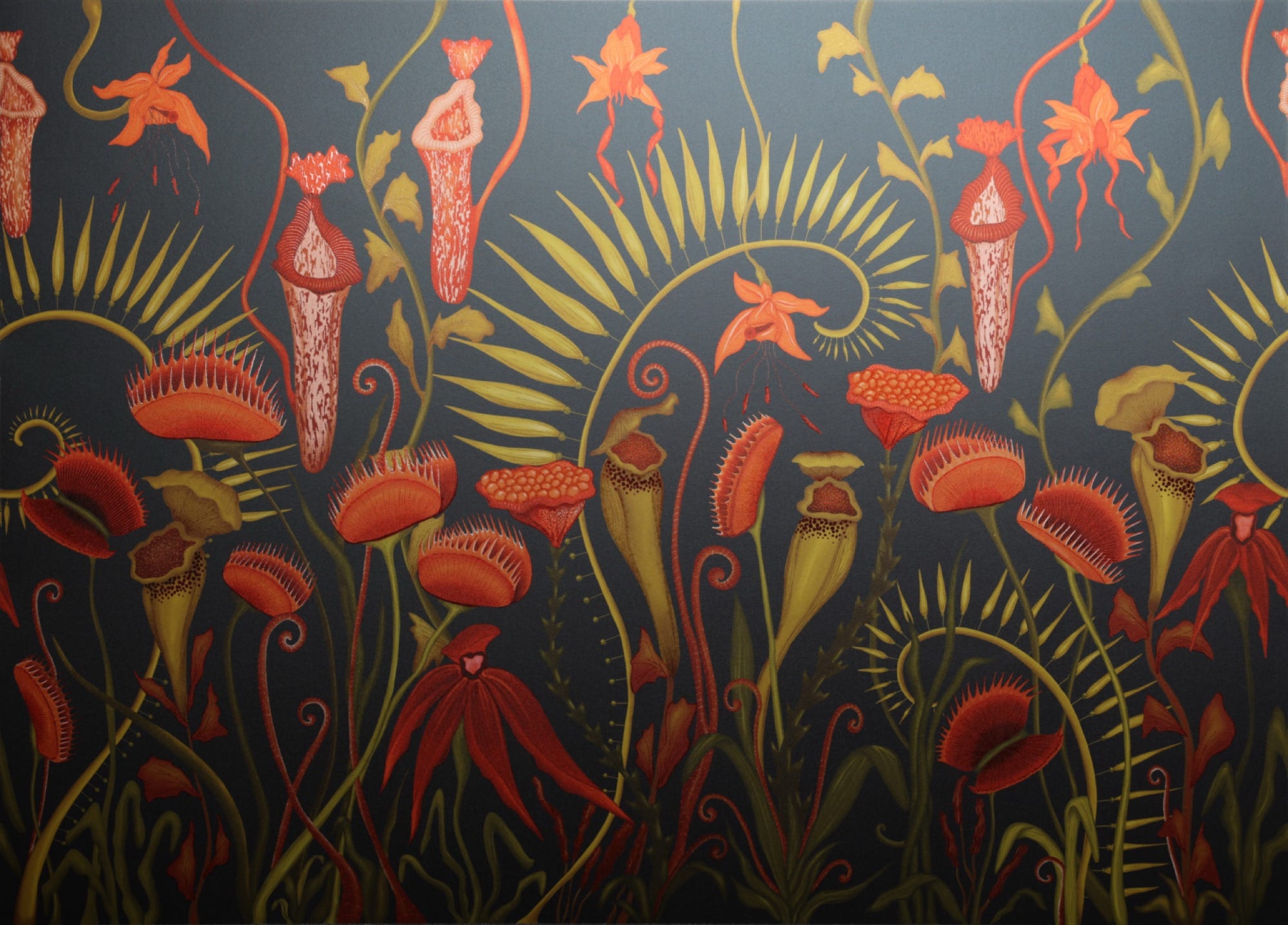 A botanical wallpaper design on a dark green-blue background