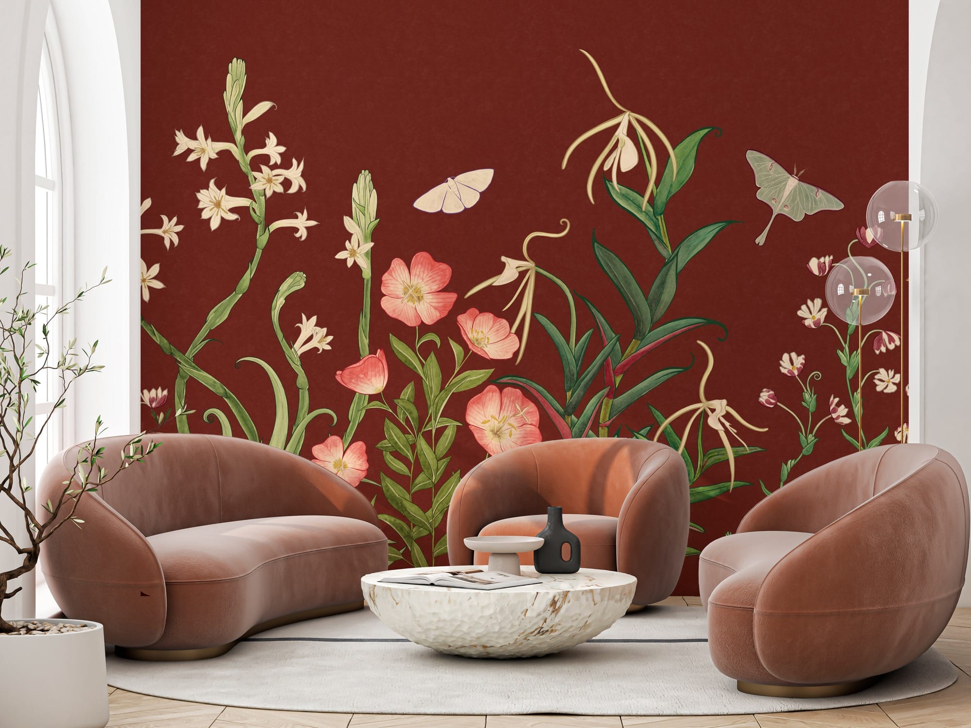 contemporary furnishings in front of an illustrative, large-format floral-designed wallpaper