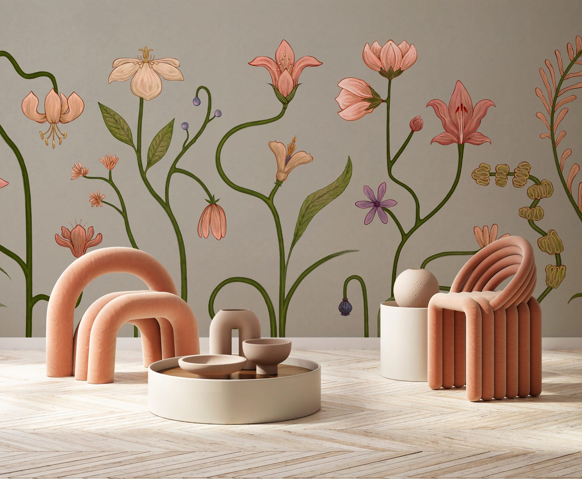 contemporary furnishings in front of an illustrative, large-format floral-designed wallpaper