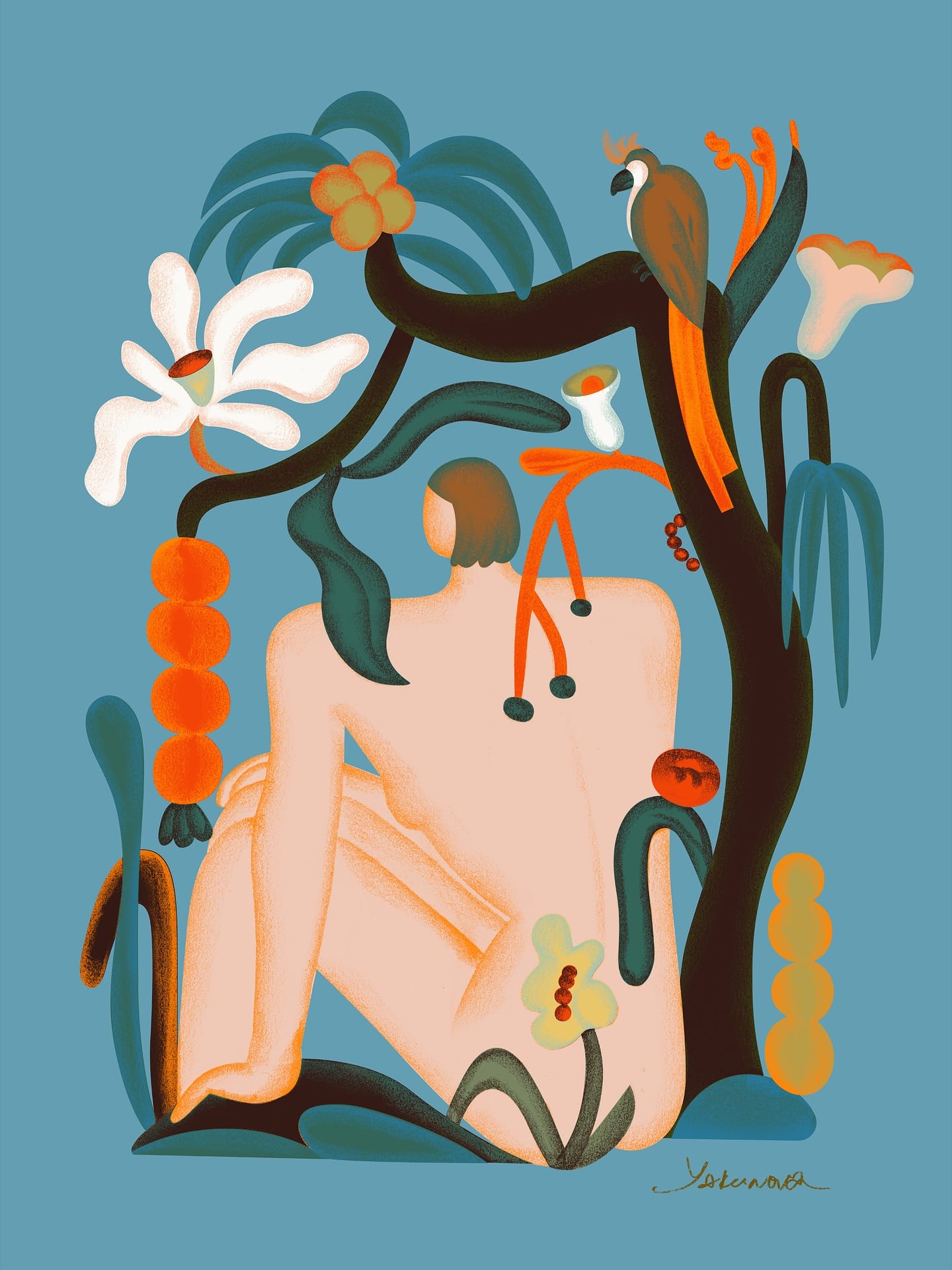 an illustration by tania yakunova of a nude woman seated among tropical plants and animals
