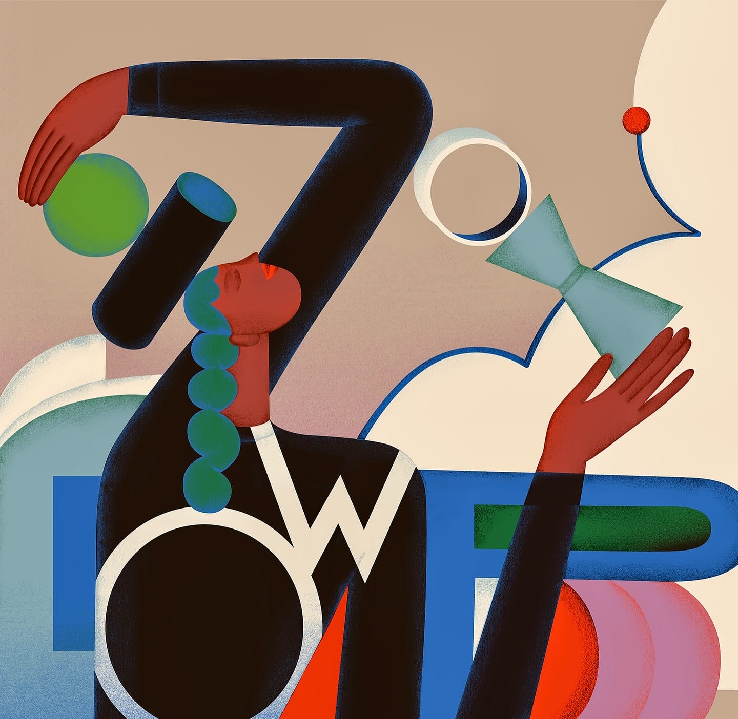 an illustration by tania yakunova of a figure holding shapes