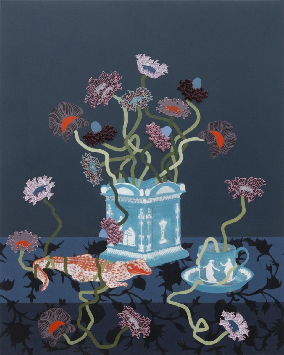 a still life with textured flowers held in blue ornate vessels on a floral tabletop