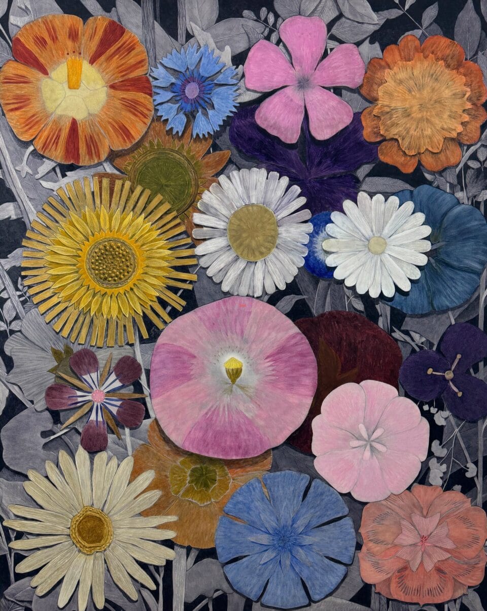 a vertical oil painting of various flowers in a range of colors