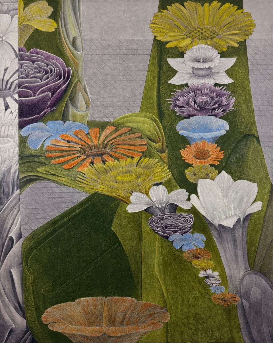a vertical oil painting of various colors of flowers set against a draped green cloth