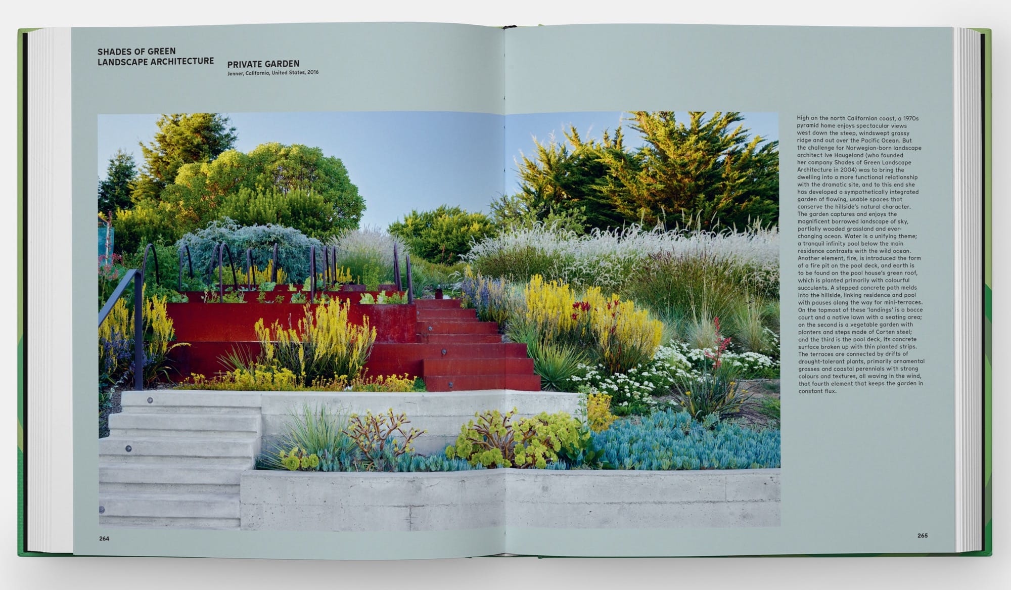 a spread from the book 'The Contemporary Garden' with a photograph of a colorful landscape composition