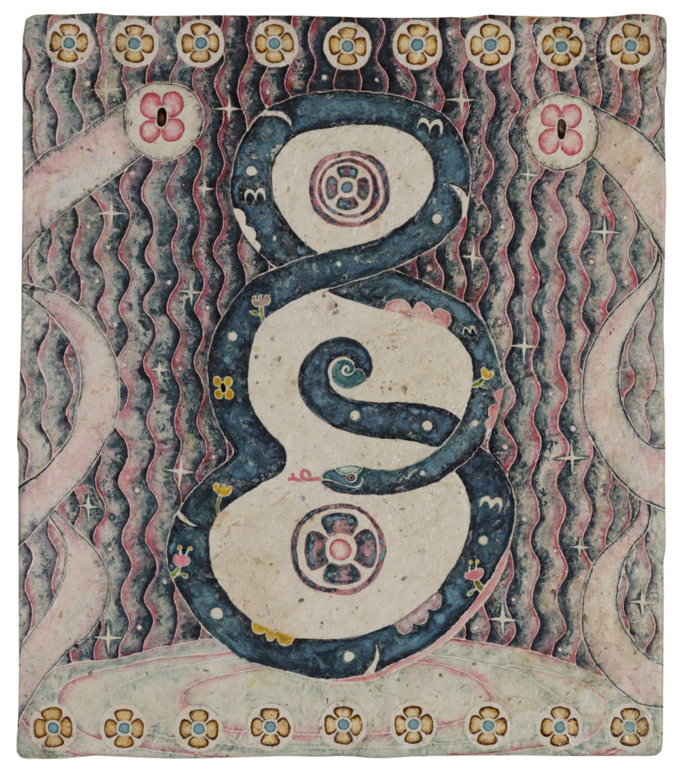 a symmetrical natural pigment painting by Omar Mendoza, featuring cosmic symbols and visual motifs evoking Mesoamerican ancestry