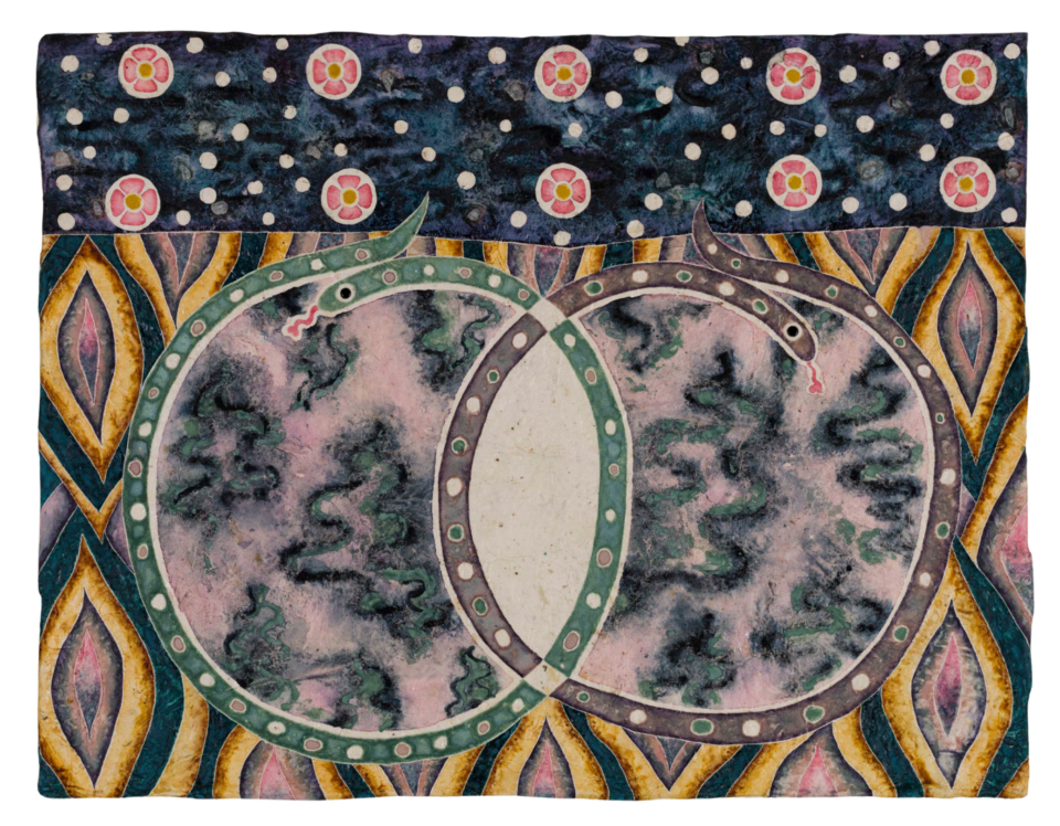 a symmetrical natural pigment painting by Omar Mendoza, featuring cosmic symbols and visual motifs evoking Mesoamerican ancestry